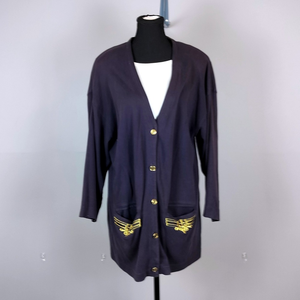 Vintage‎ 90s Regina Porter Cotton Nautical Cardigan Navy Gold Embroidery